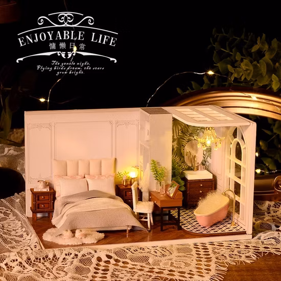 Brinquedos educativos em madeira branca 3D faça você mesmo casa de boneca em miniatura
