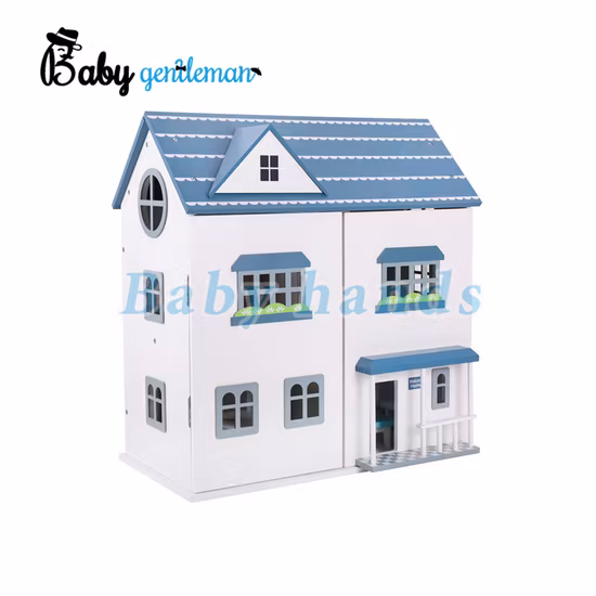 Casa de boneca georgiana de madeira de brinquedo azul para crianças personalizada para atacado Z06482A