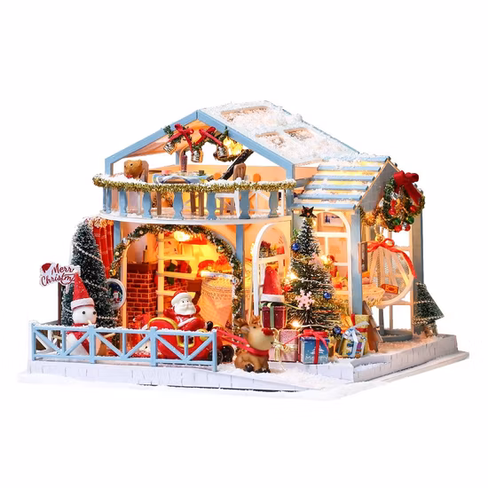 Casinha de boneca de madeira feita à mão para presente de Natal em miniatura para crianças